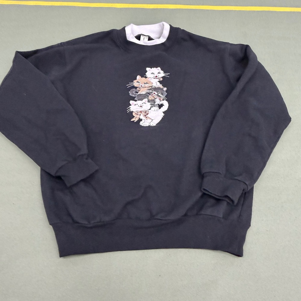Decorated Originals Kitten Cat Stack Crewneck Sweatshirt Navy Blue Small
